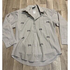 Lanie Fashions Button Down Pinstripe Blouse Bows Rhinestone Beige Sz Large